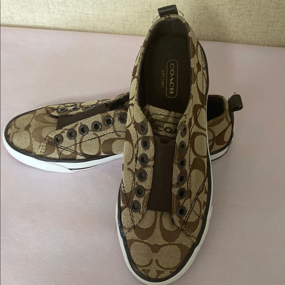Coach Brown and Tan Monogram Slip-On Sneakers